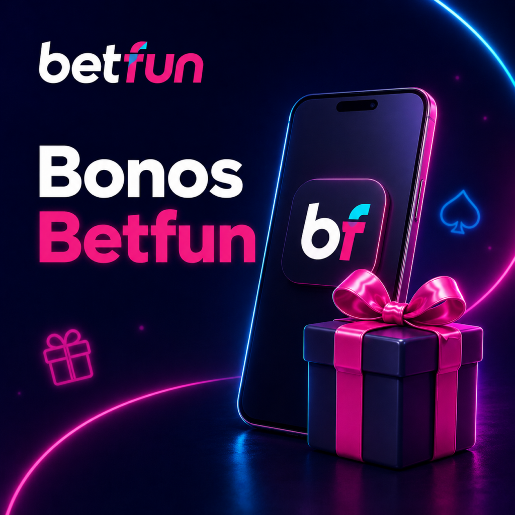 Logo cuadrado de Betfun en pantalla de teléfono con botón Iniciar sesión y fondo neón