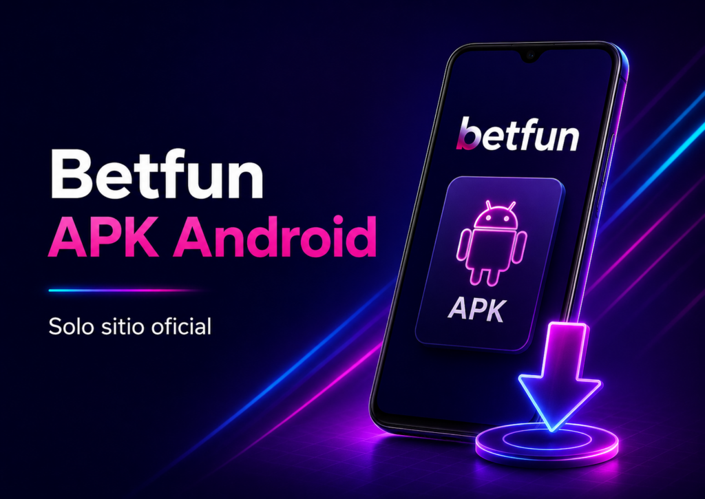 Descarga oficial de Betfun APK para Android con teléfono móvil, icono APK y flecha de instalación
