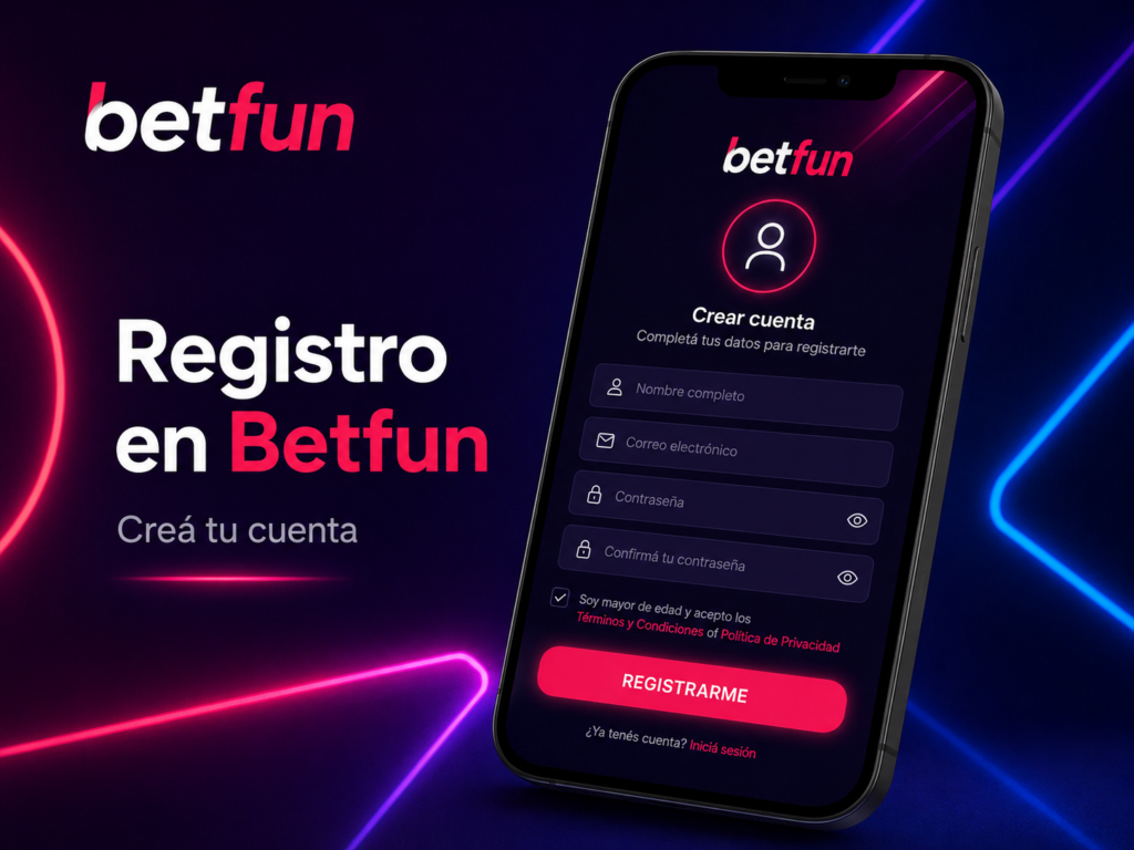Formulario de registro en Betfun con creación de cuenta, correo, contraseña y acceso móvil