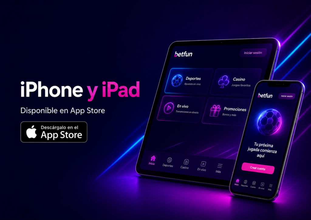 Aplicación de Betfun para iPhone y iPad con interfaz móvil y acceso desde App Store