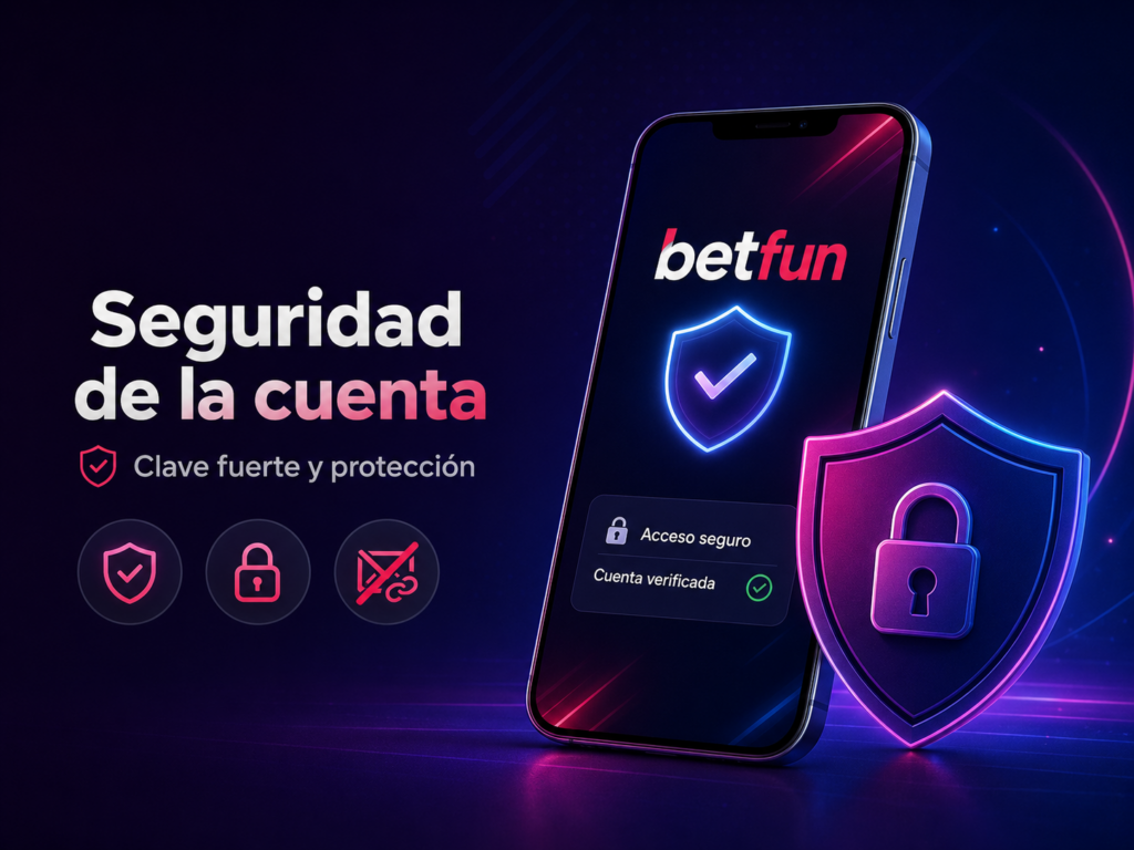 Seguridad de cuenta Betfun con contraseña fuerte, acceso protegido, candado y escudo de verificación