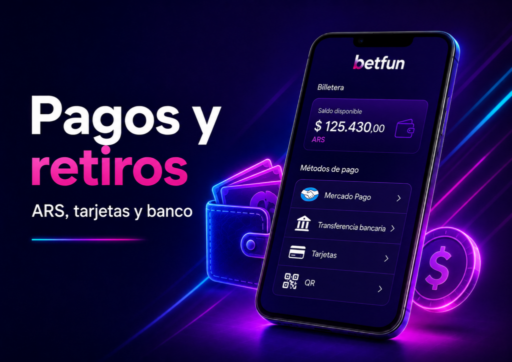 Pantalla de pagos y retiros en Betfun con saldo en ARS, Mercado Pago, transferencia y tarjetas