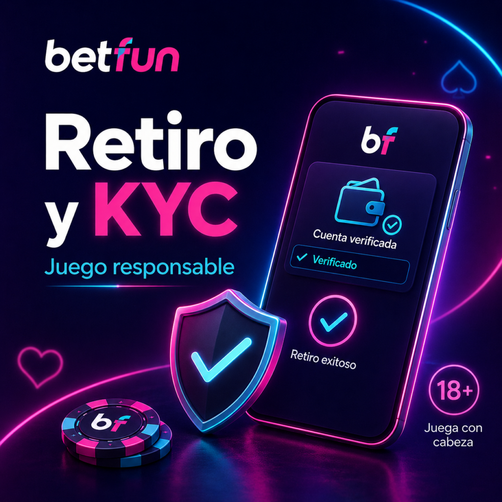 Retiro y KYC en Betfun con cuenta verificada, escudo de seguridad, aviso 18+ y juego responsable