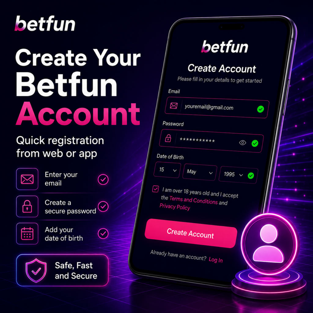 Betfun account registration form with email, password, and date of birth fields