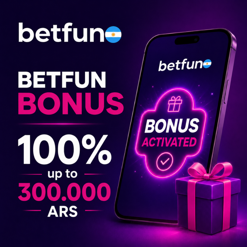 Betfun 100% bonus up to 300,000 ARS with a mobile bonus activation screen and gift box.