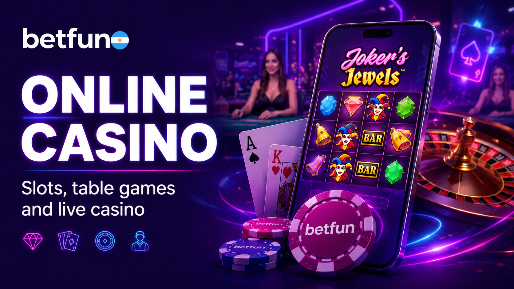 Betfun online casino with slots, table games, live casino, roulette and Joker's Jewels.