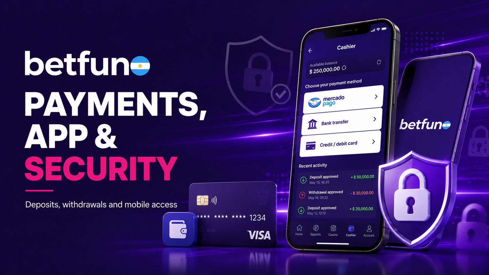 Betfun payments, mobile app and security with Mercado Pago, bank transfer options and secure account access.